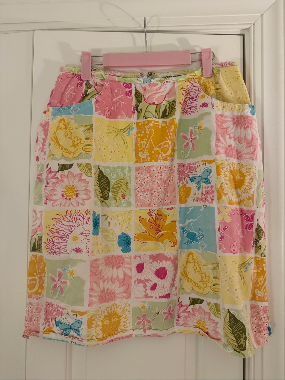 Patchwork Floral Cotton Midi Skirt - Pink Multi